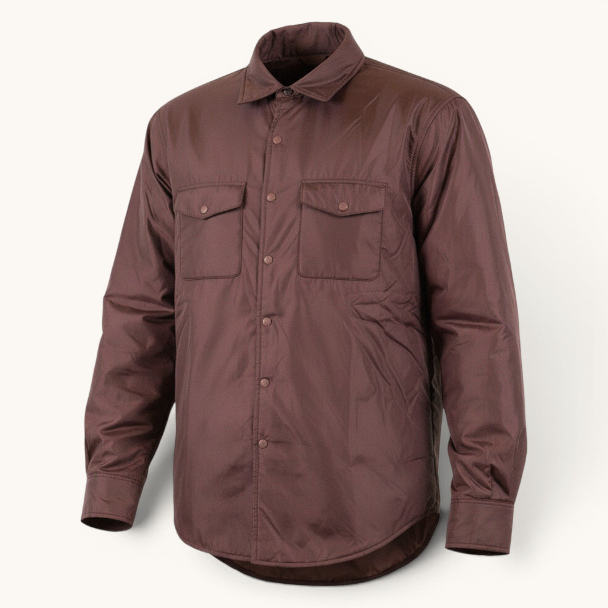 Numero 5 Aspesi men's bordeaux quilted shirt jacket with two chest pockets and button closure.