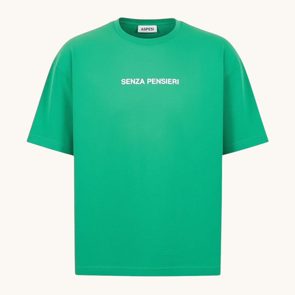 Numero 5 Aspesi green cotton t-shirt with "Senza Pensieri" print on chest.
