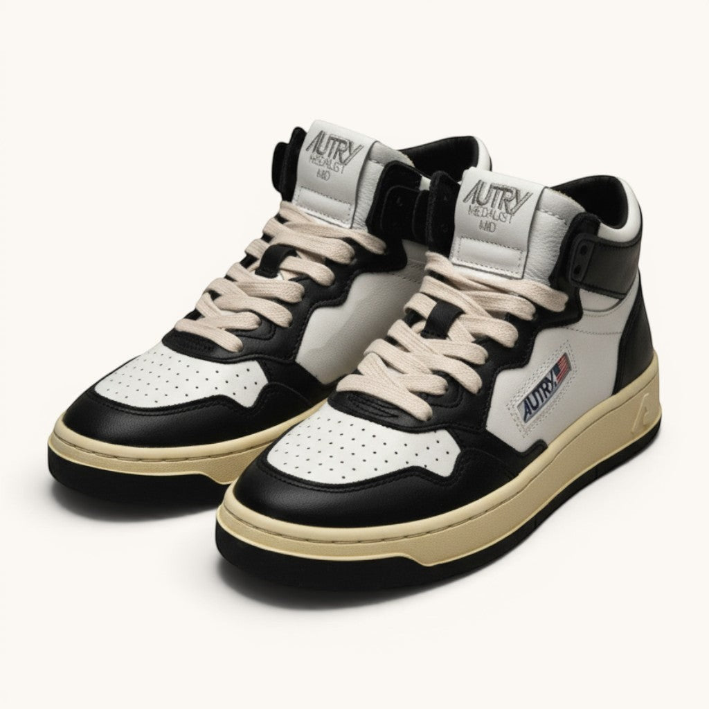 Numero 5 Autry black and white leather high-top sneakers with beige laces and perforated toe box.