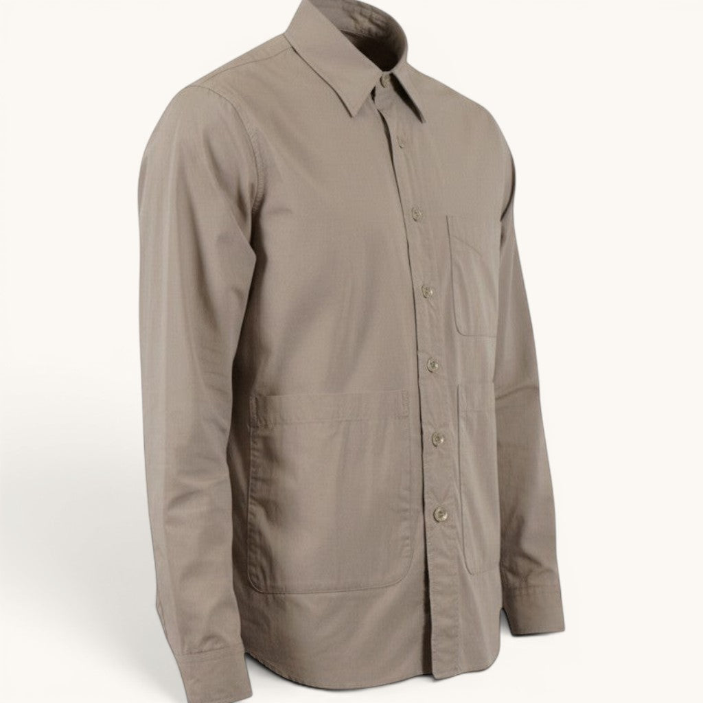 Numero 5 beige cotton blend shirt with three pockets and button-down front.