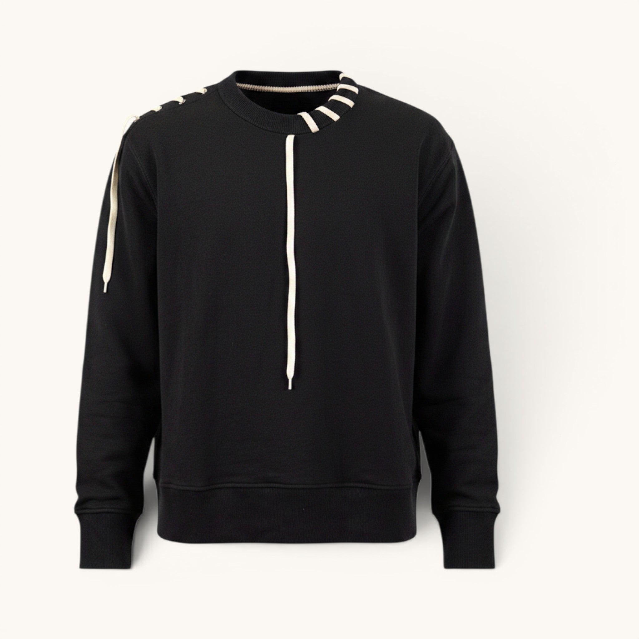 Numero 5 men's black cotton crewneck sweatshirt with unique lacing detail on shoulder and neckline, regular fit.