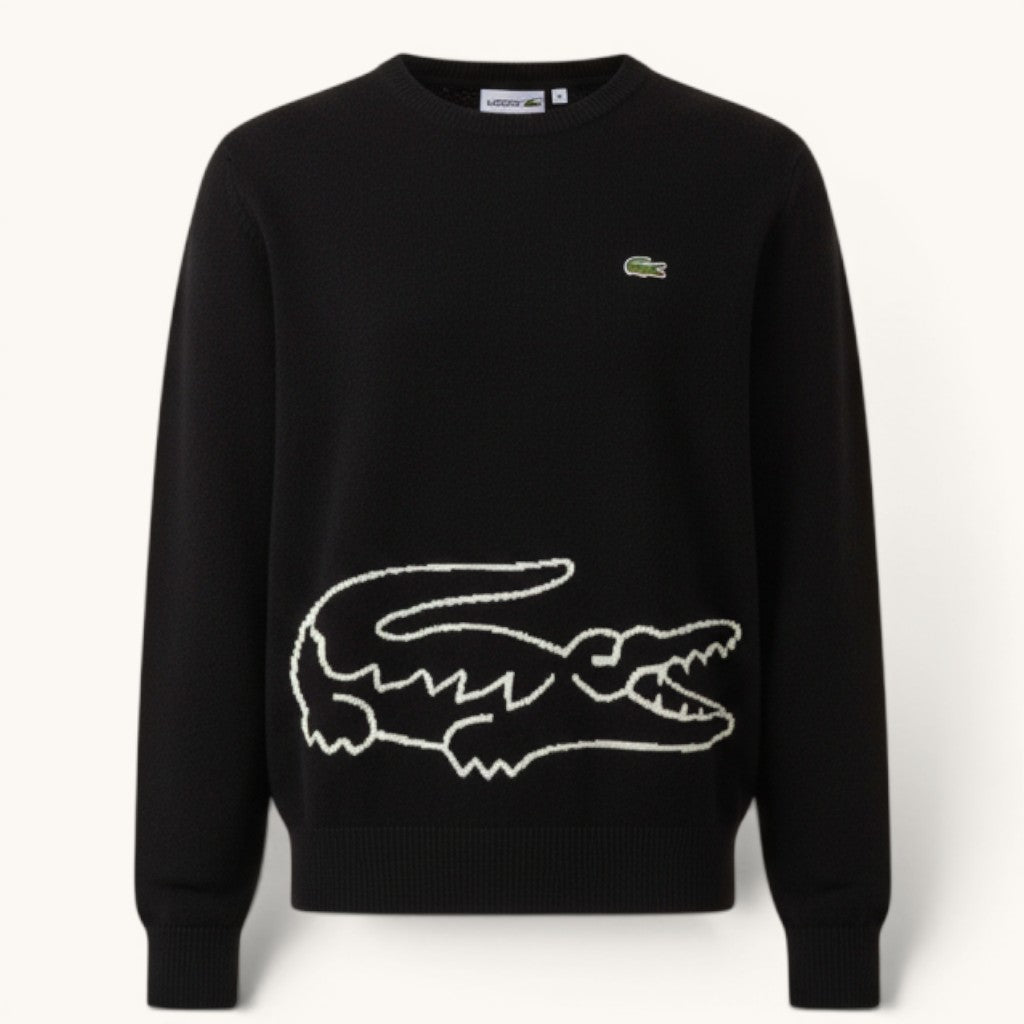 Numero 5 women's black 100% wool crewneck sweater with large white crocodile graphic and small green crocodile logo.