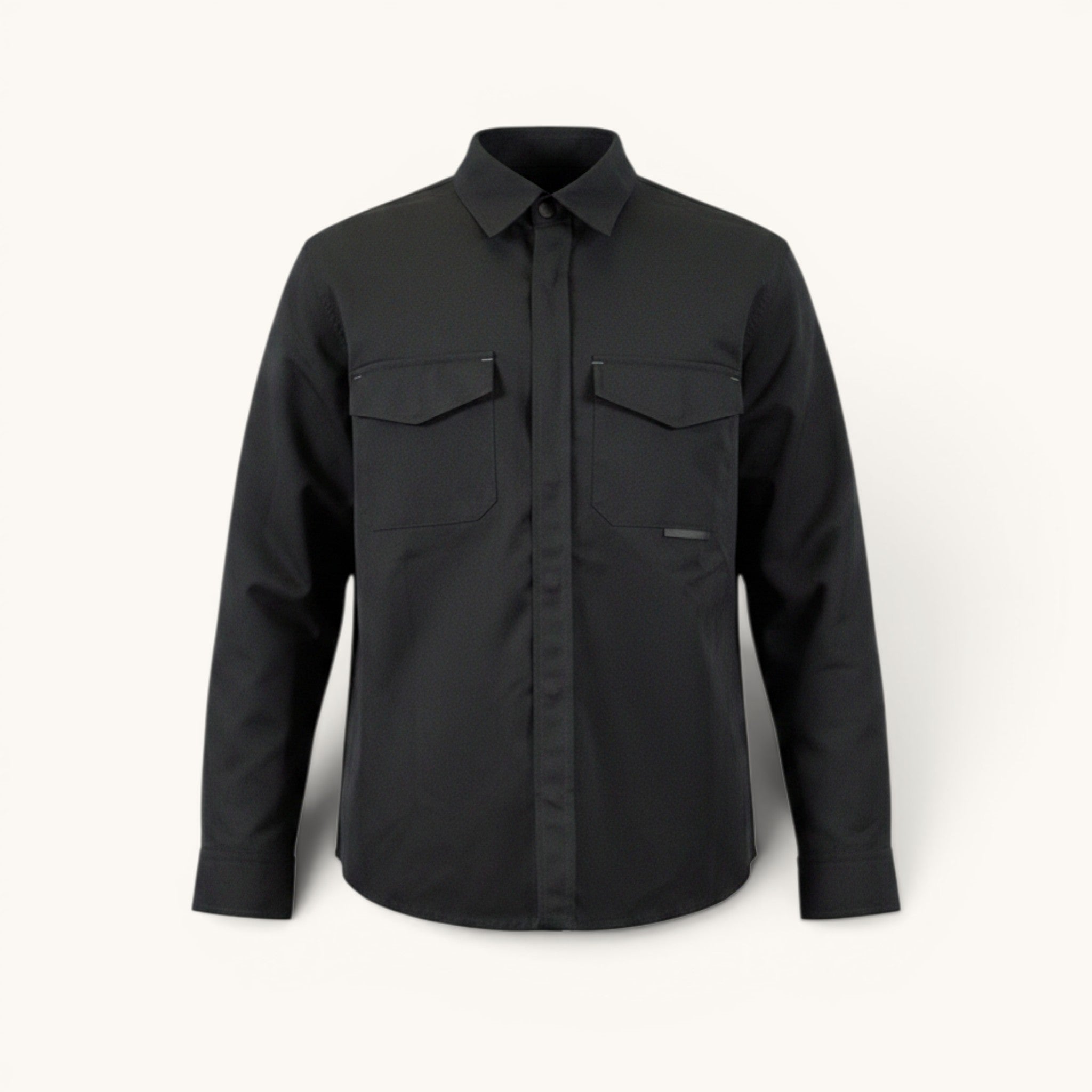 Numero 5 men's black polyester regular fit shirt with classic collar and button closure, two chest pockets.