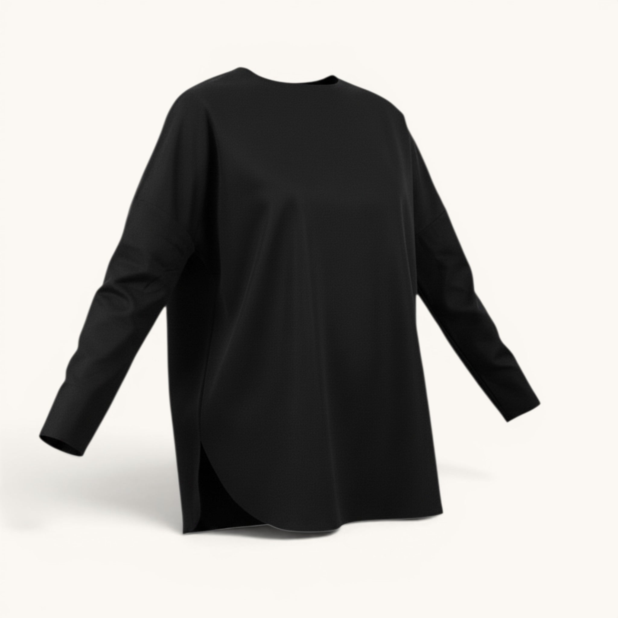 Numero 5 black long sleeve t-shirt with dropped shoulders and a longer back hem. Made from a wool blend.