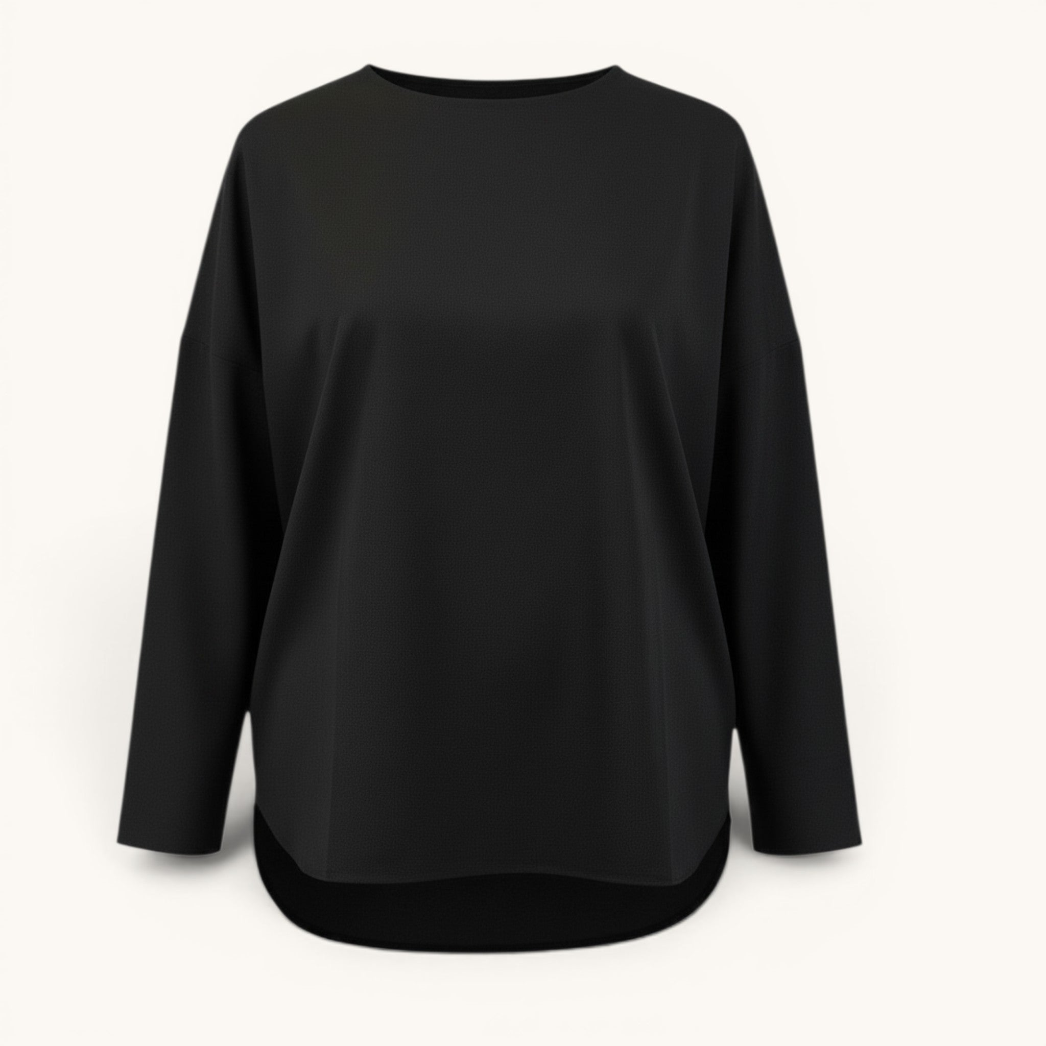 Numero 5 black long-sleeve t-shirt with dropped shoulders and a longer back hem. Made from a wool blend.
