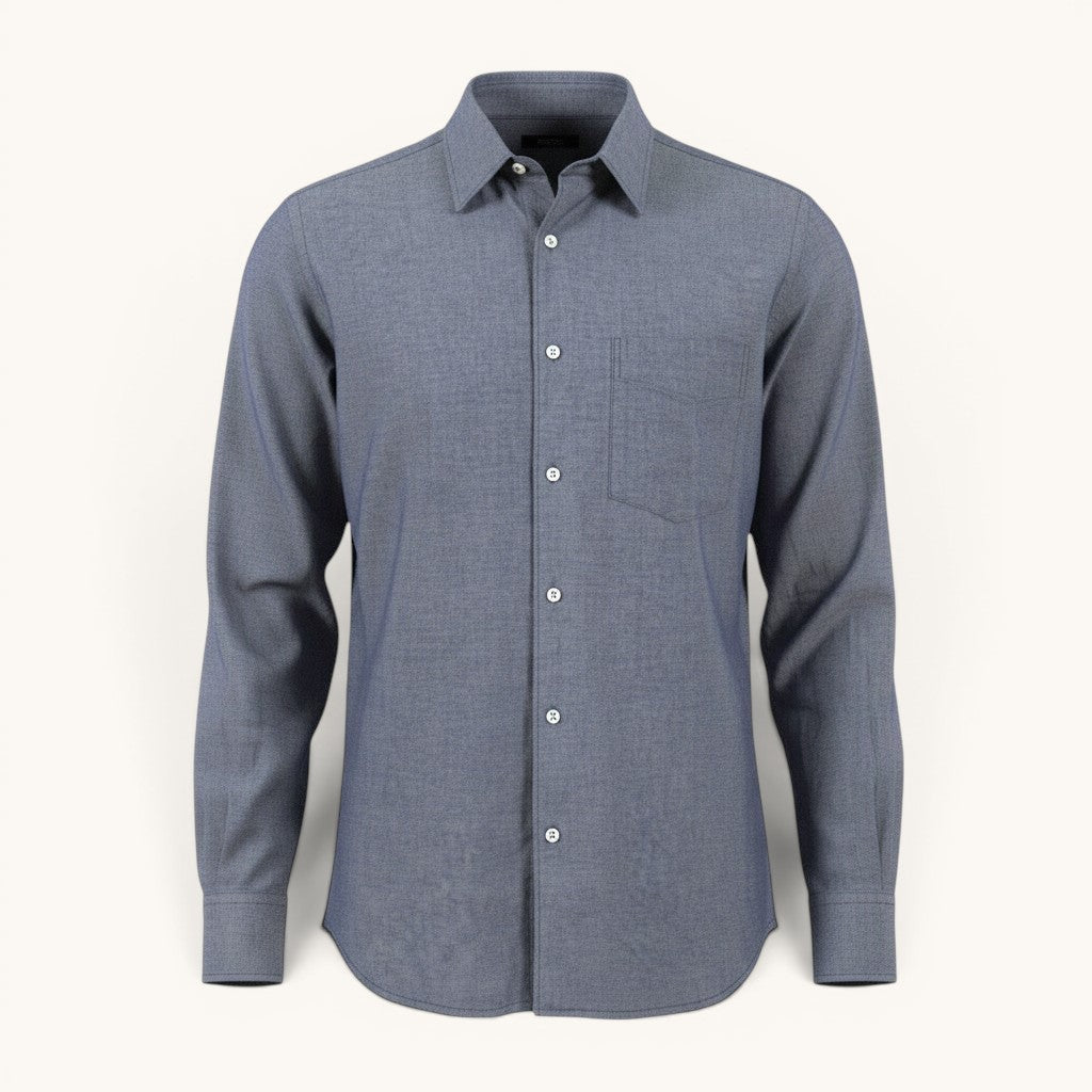 Numero 5 men's blue cotton blend long sleeve shirt with three pockets and button closure.