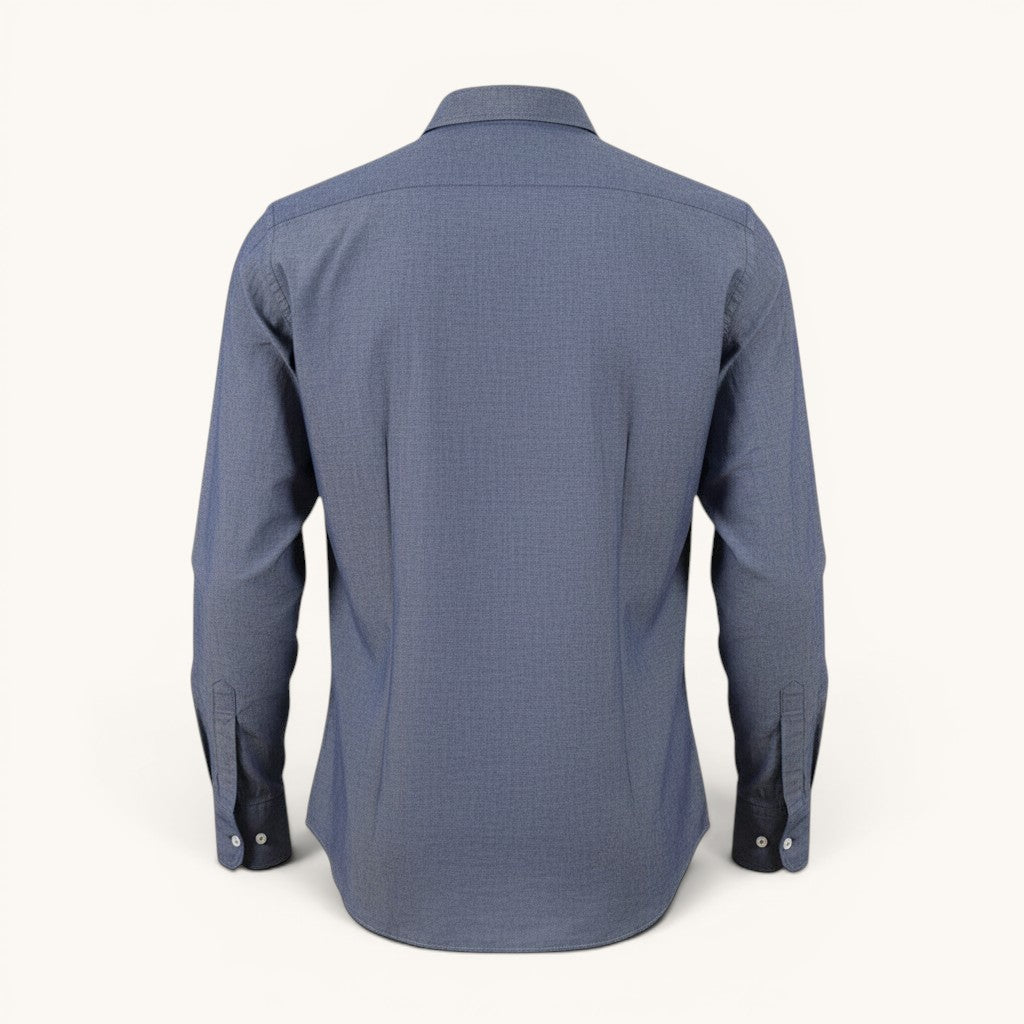 Numero 5 blue cotton blend long sleeve button-up shirt with 3 pockets.