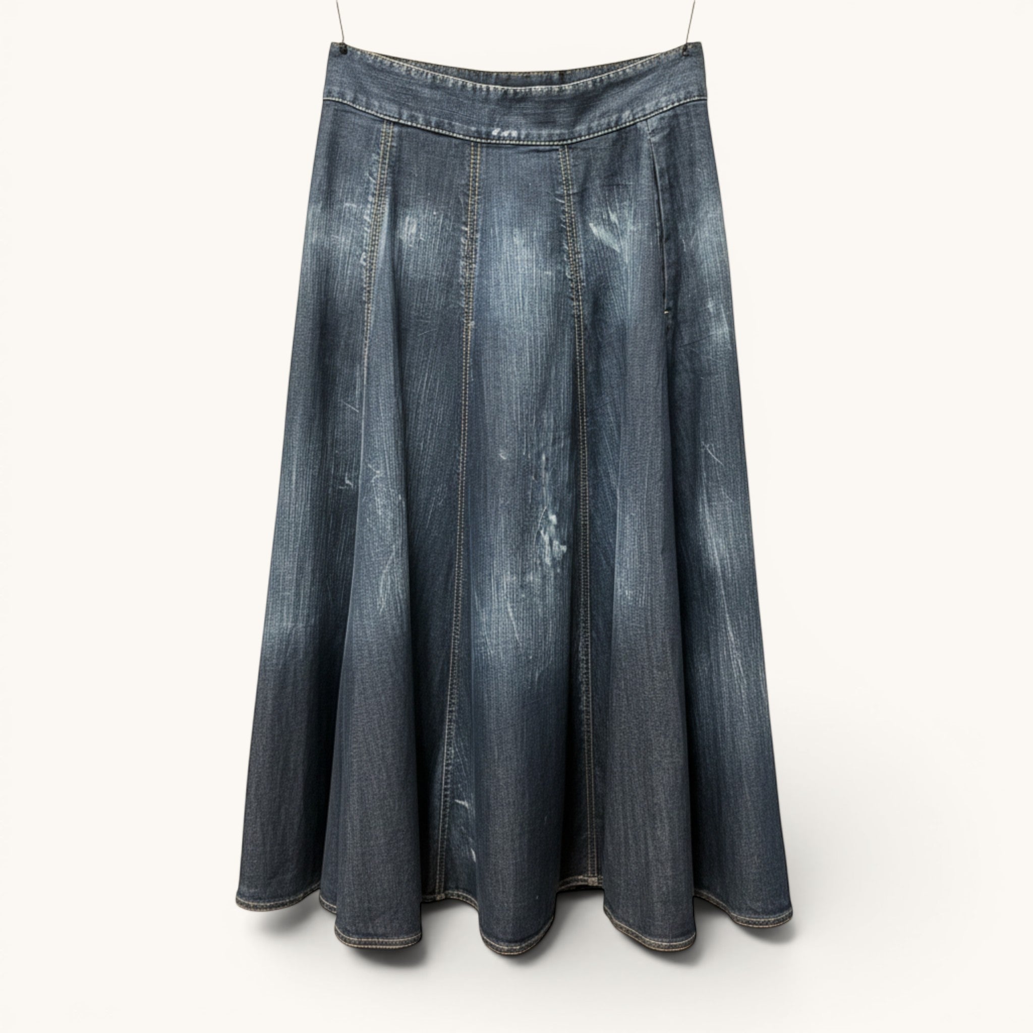 Numero 5 women's blue denim maxi skirt with a flared silhouette and contrast stitching. Made from cotton and elastane.