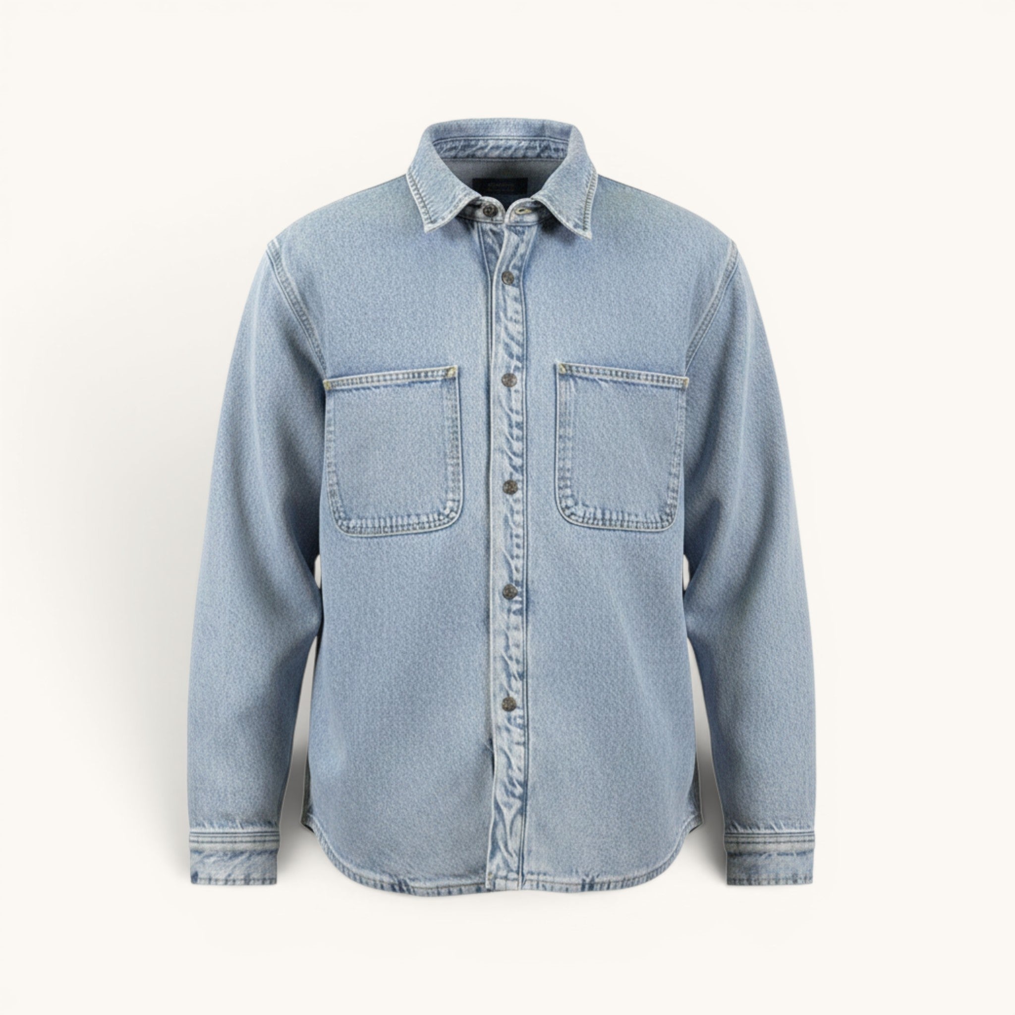 Numero 5 men's light blue washed denim sherpa-lined shirt jacket with two chest pockets and button closure.