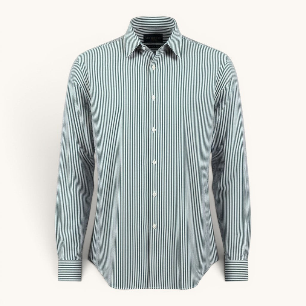 Numero 5 white and blue striped cotton shirt with button-down collar and long sleeves.