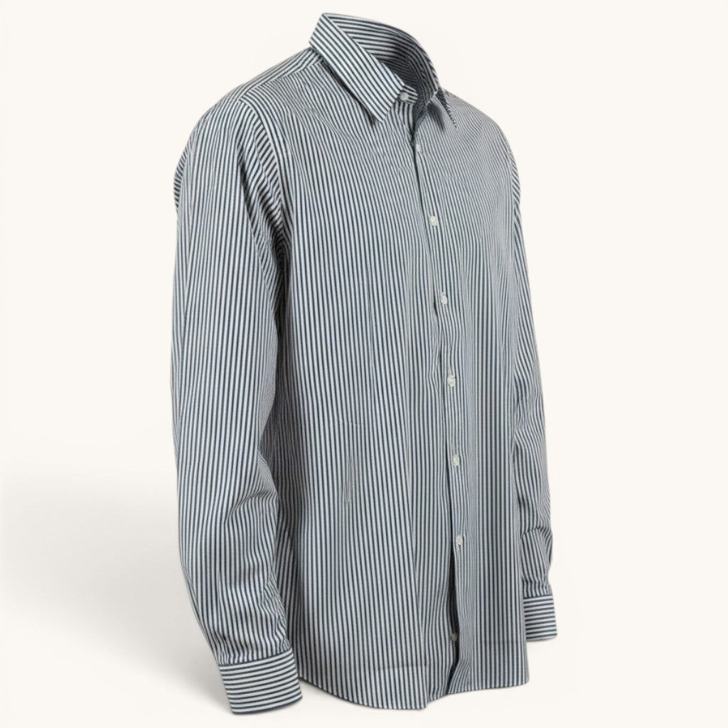 Numero 5 white and blue striped cotton dress shirt for men. Long sleeves, classic collar, button-up front.