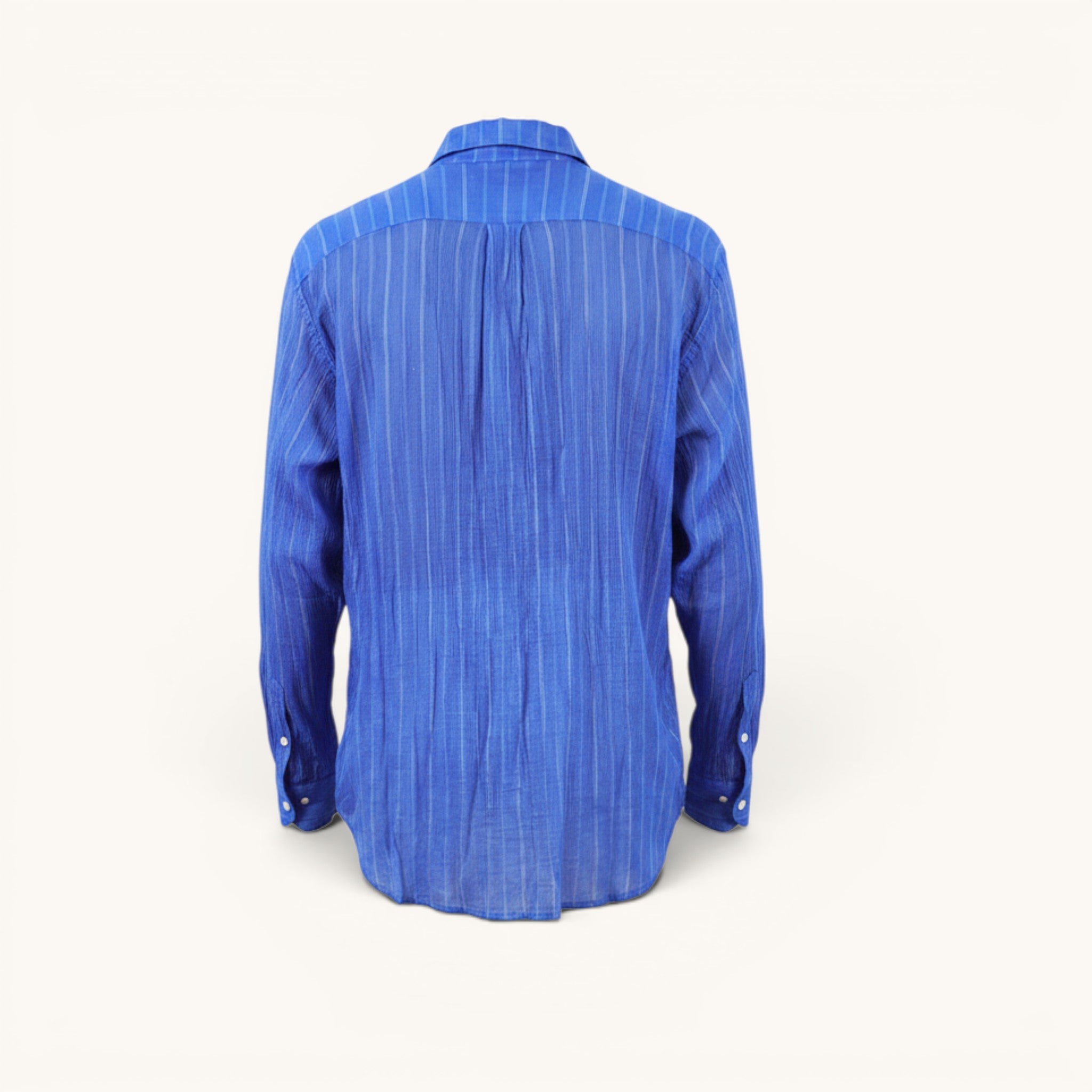 Numero 5 camicia blu a righe sottili in cotone e poliammide, colletto classico, vestibilità regular fit, per uomo.