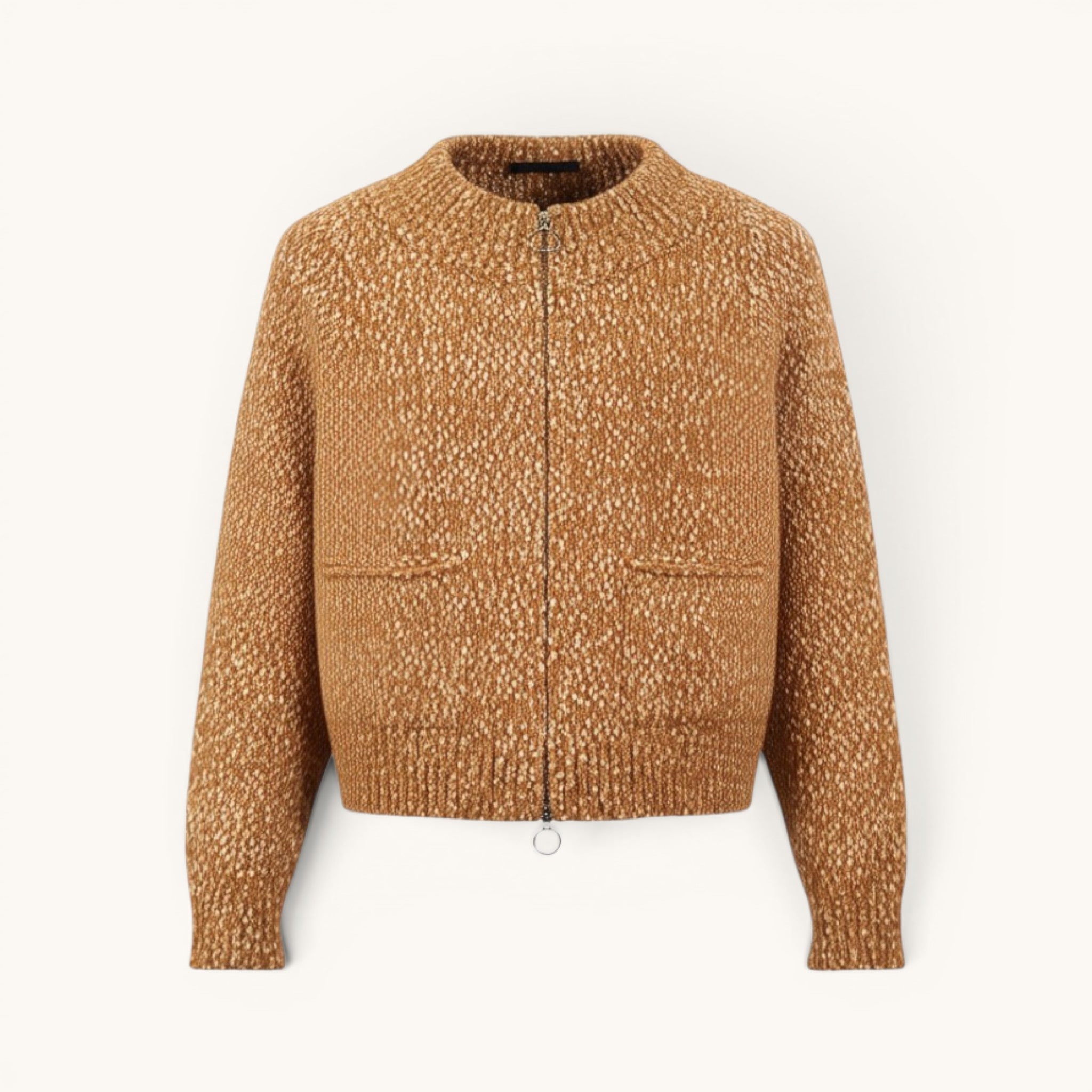 Numero 5 Cardigan arancione in misto cotone e lana con zip e tasche frontali, design minimal.