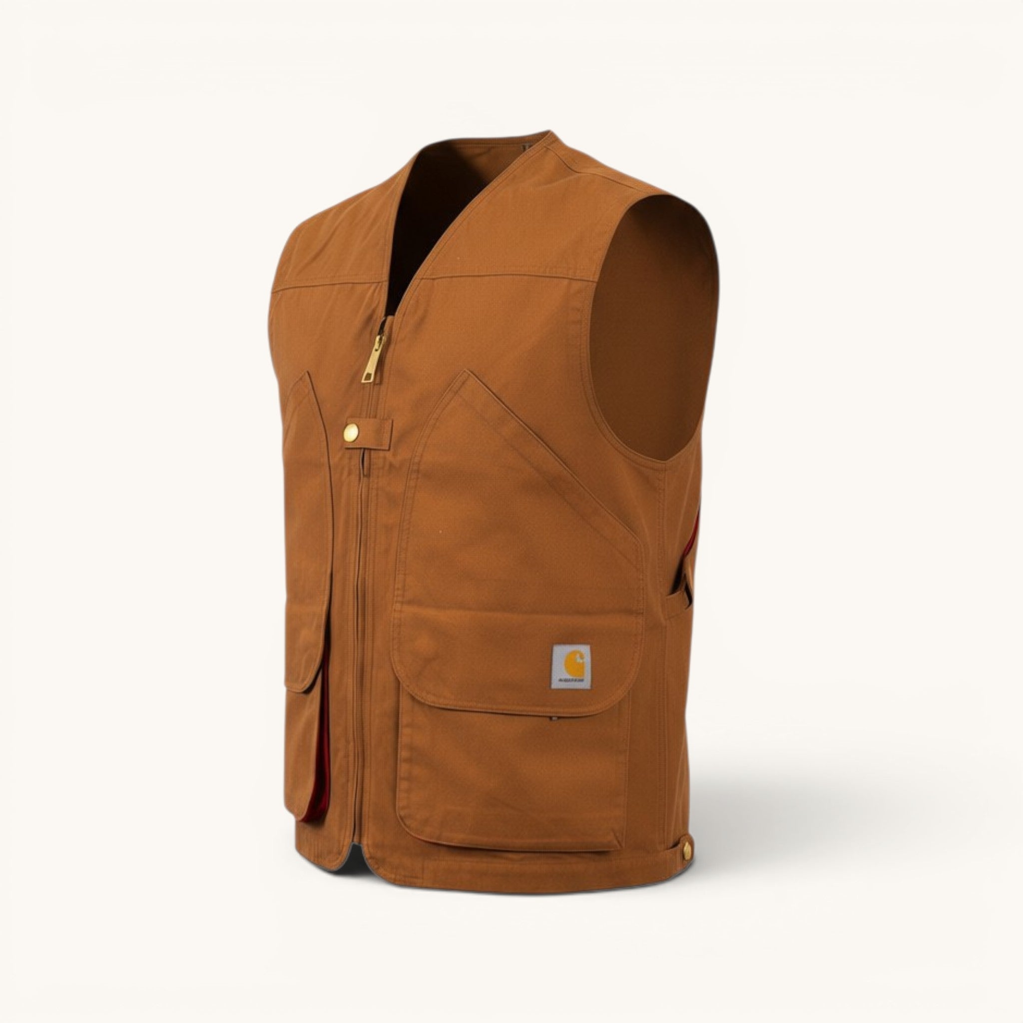 Numero 5 Gilet Carhartt in tela marrone con zip e tasche multiple. Design funzionale per lavoro o tempo libero.