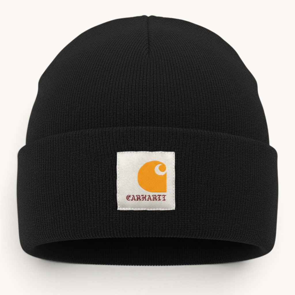 Numero 5 black 100% acrylic Carhartt WIP beanie with white patch logo and orange graphic.