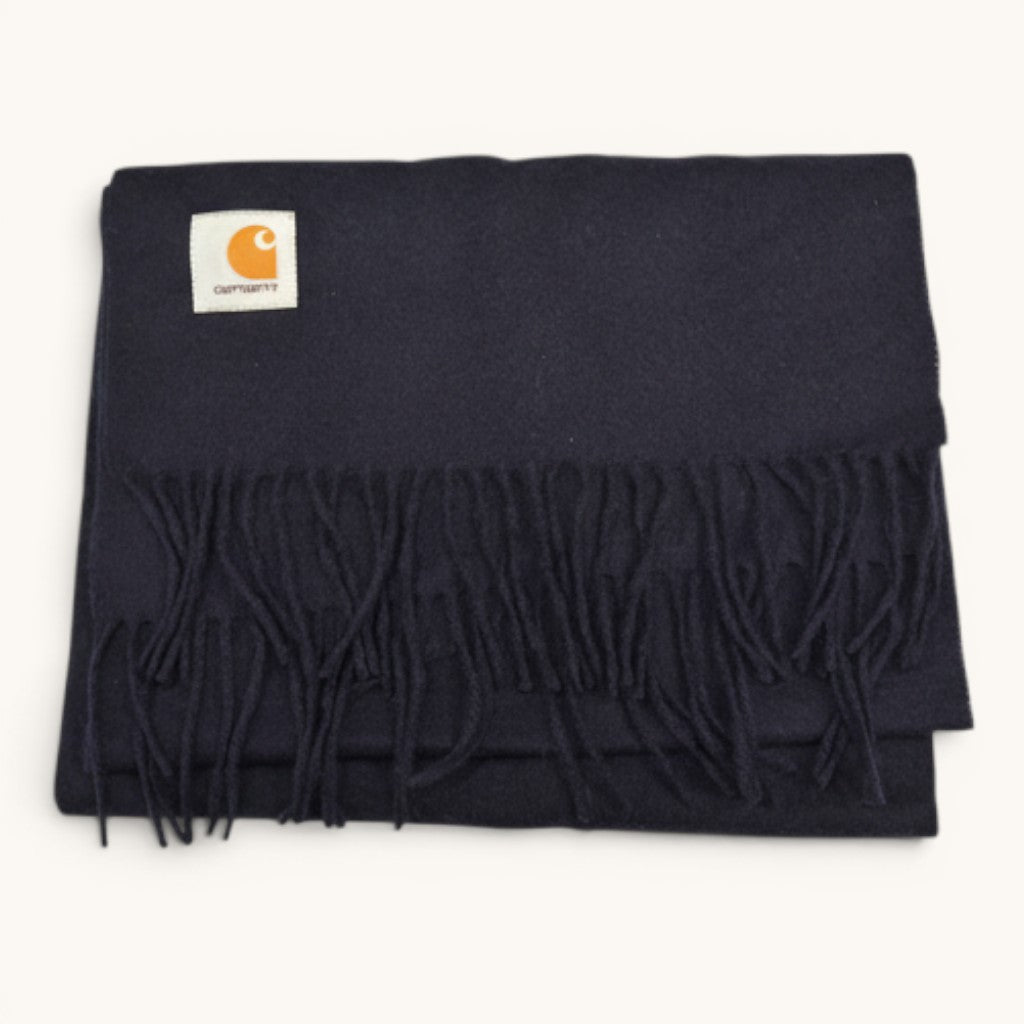 Numero 5 blue Carhartt WIP essential design scarf with fringe detail and Carhartt logo patch. One size fits all.