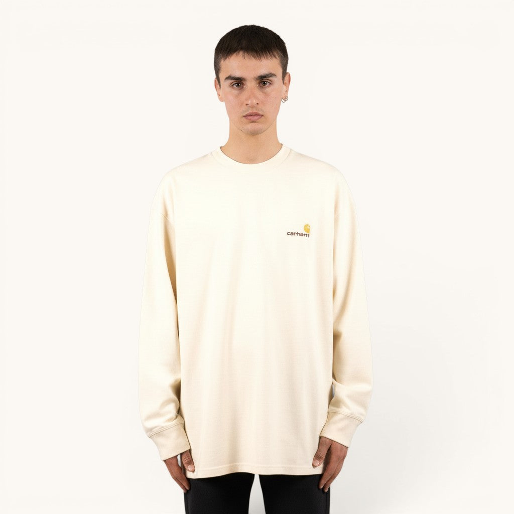 Numero 5: Carhartt WIP men's cream long-sleeve t-shirt made of 100% cotton with embroidered logo.