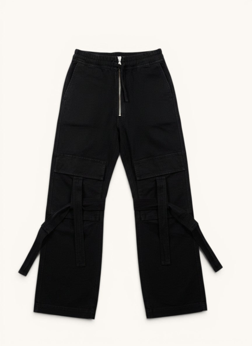 Numero 5 Dries Van Noten black wool cargo pants with zip fly and adjustable straps.