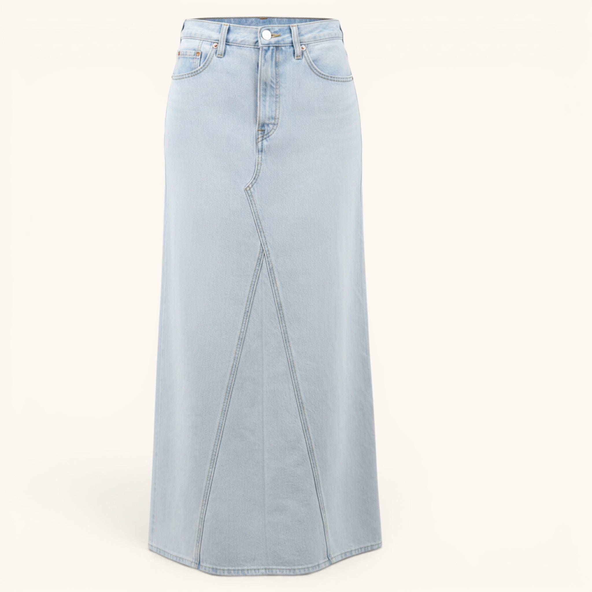 Numero 5 Gonna lunga in denim azzurro da donna, vita alta, vestibilità a ruota, 79% cotone, 2% lyocell.
