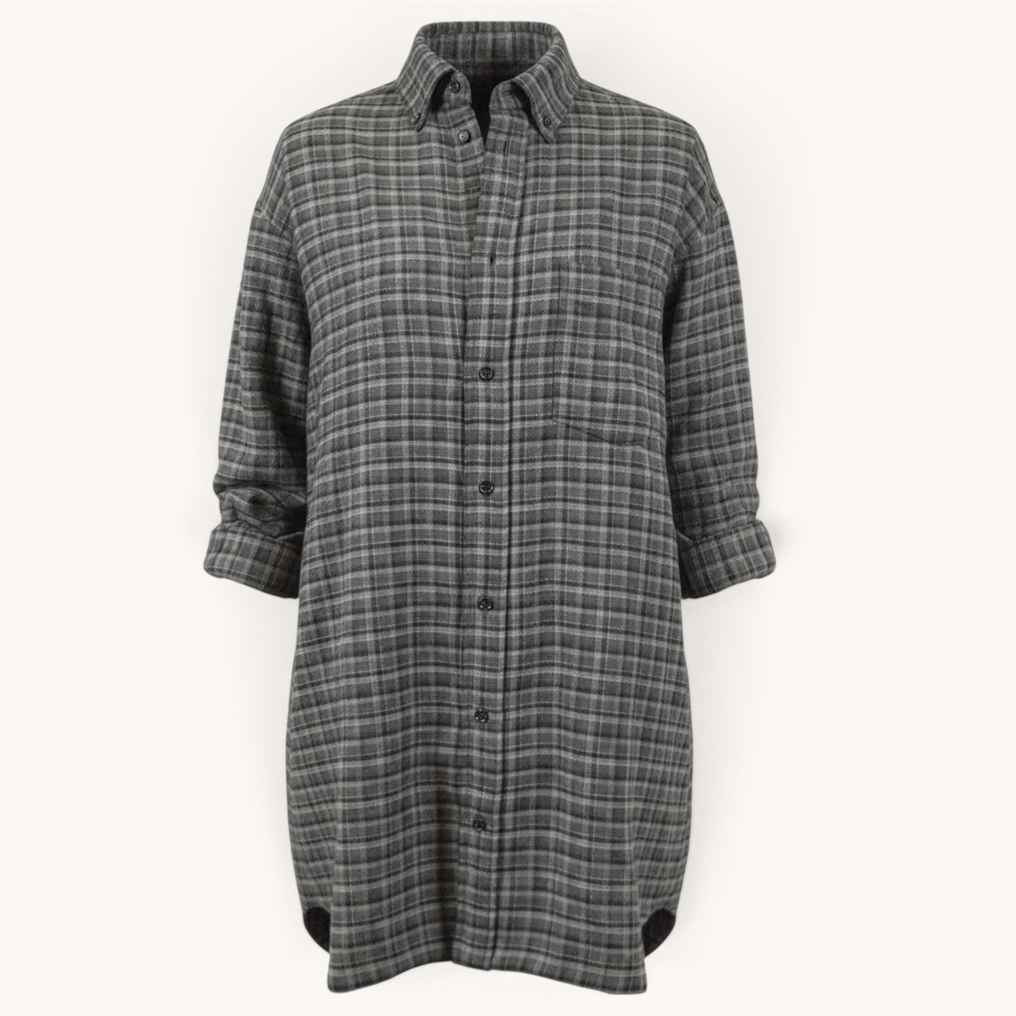 Numero 5 women's grey plaid virgin wool shirt dress, regular fit, midi length, padded, winter season.