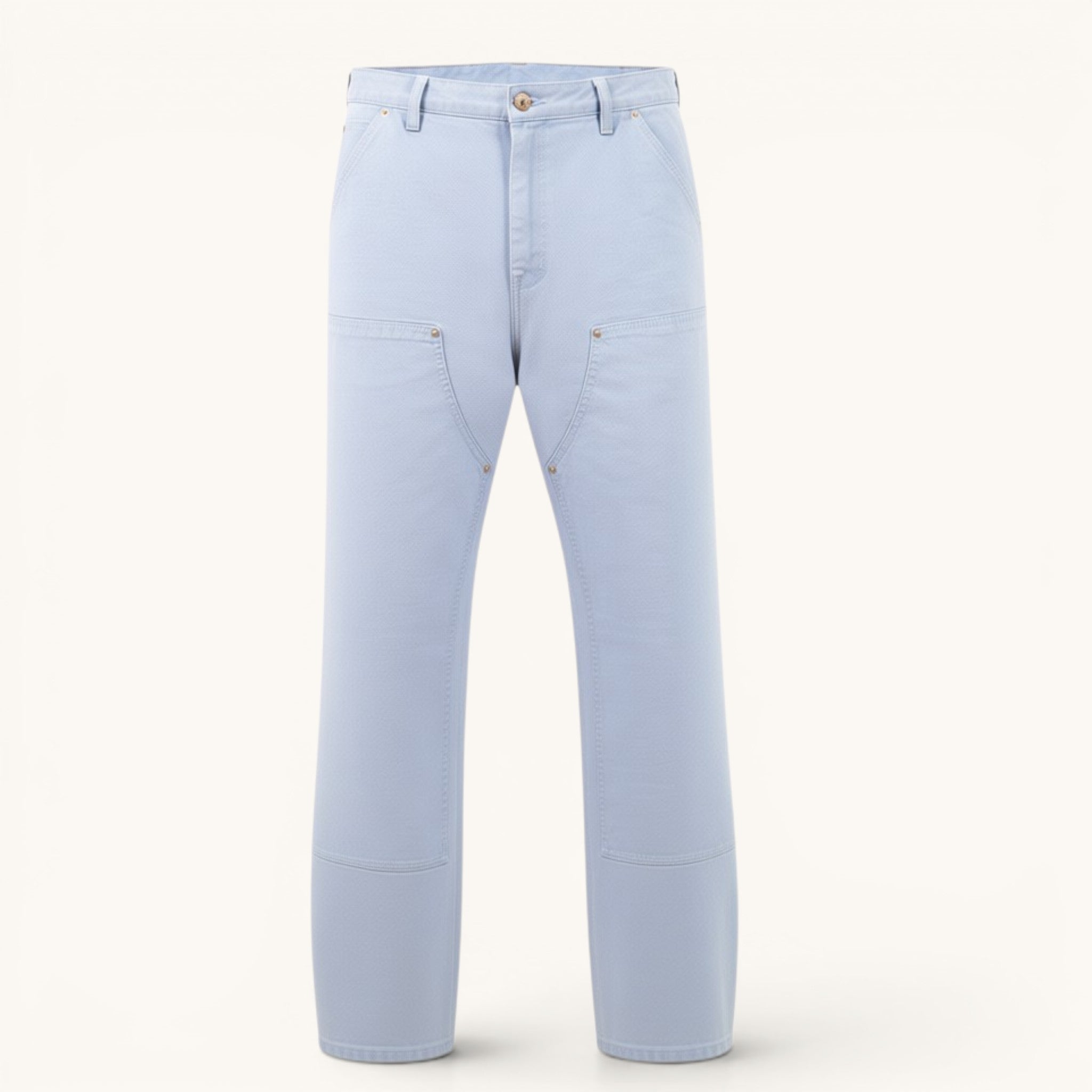Numero 5 light blue 100% cotton relaxed fit carpenter jeans with double knees and metal rivets.