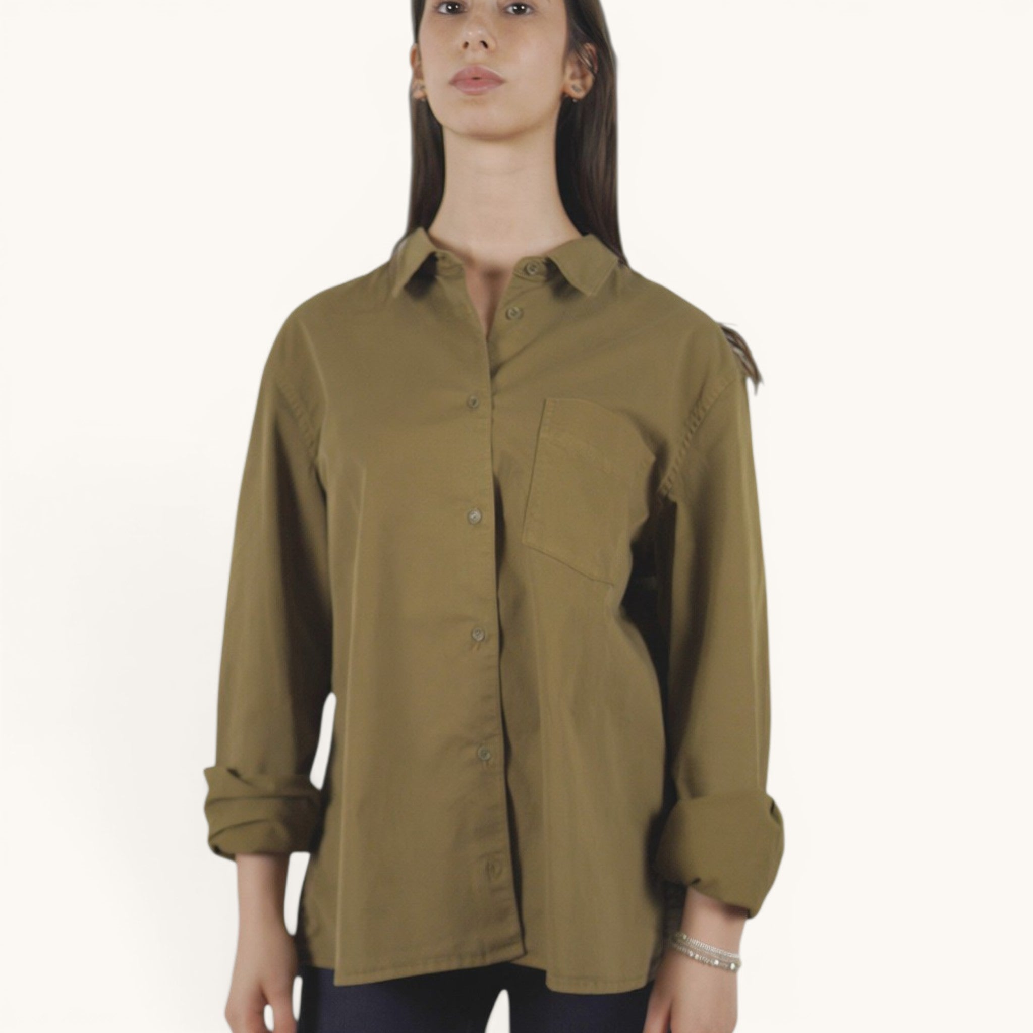 Numero 5 olive green long-sleeve button-up shirt with chest pocket and rolled cuffs.