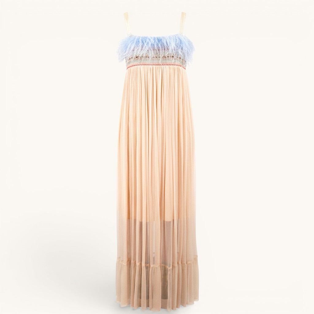 Numero 5 pink viscose maxi dress with blue feather trim and pleated skirt. Features embroidered details and a regular fit.
