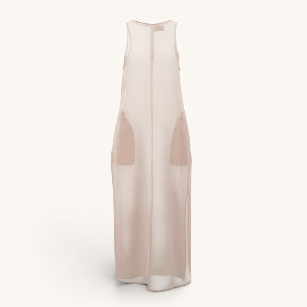 Numero 5 pale pink sheer sleeveless midi dress with crew neck and pockets. Made from 75% wool and 25% polyester.