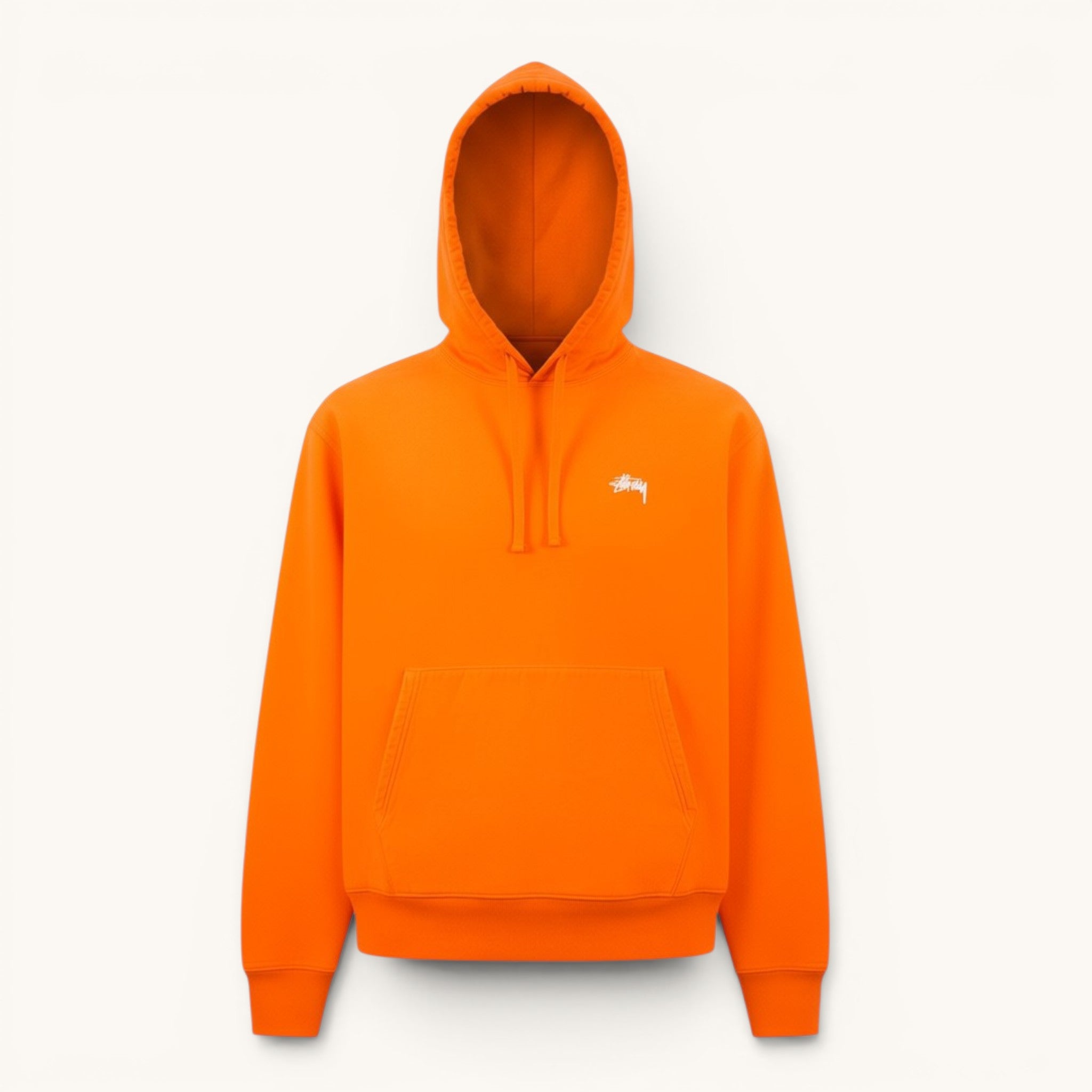 Numero 5 Felpa Stussy arancione fluo in cotone 100% con cappuccio e tasca a marsupio, modello 113305.