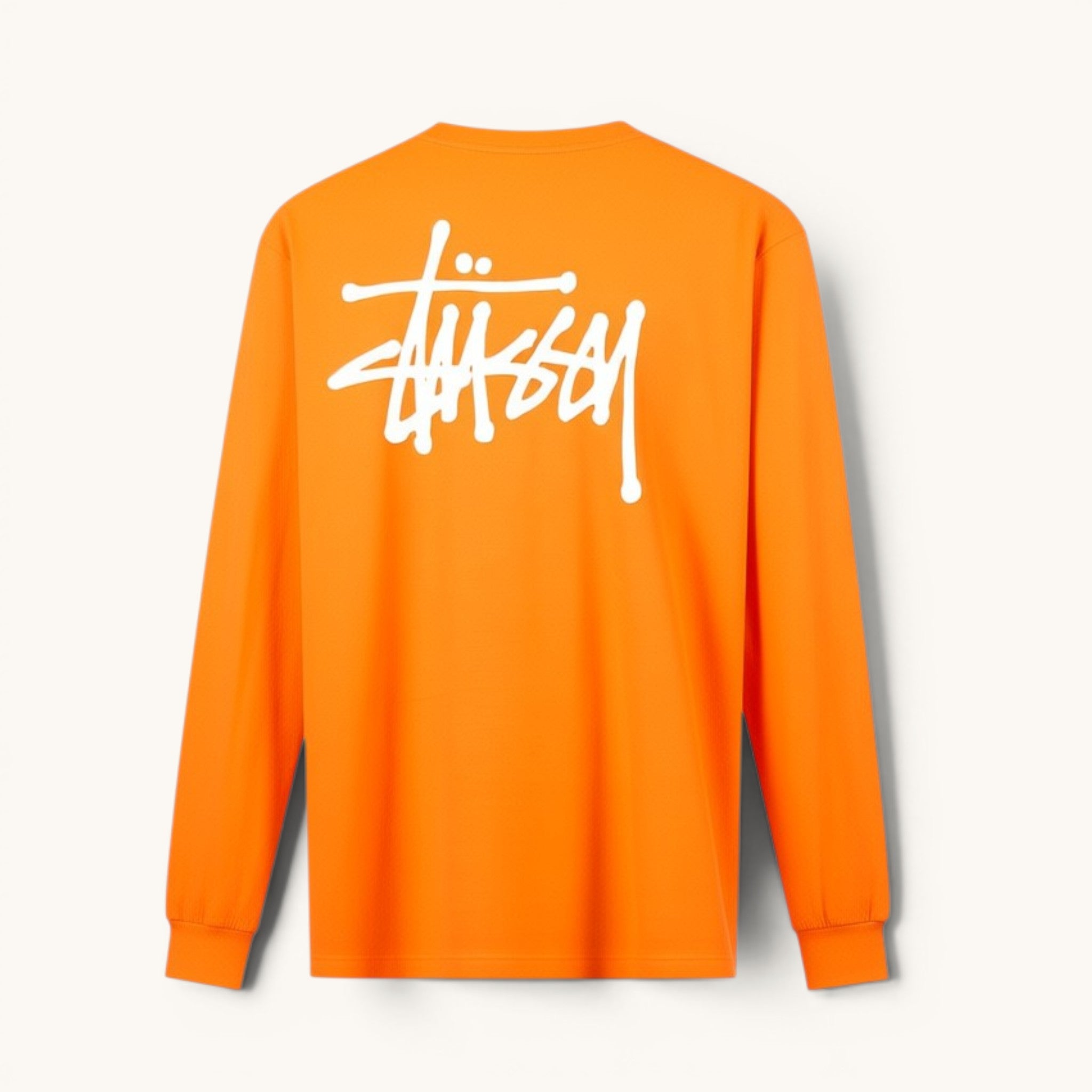 Numero 5 Maglia a manica lunga arancione fluo Stussy in cotone con logo bianco sul petto.