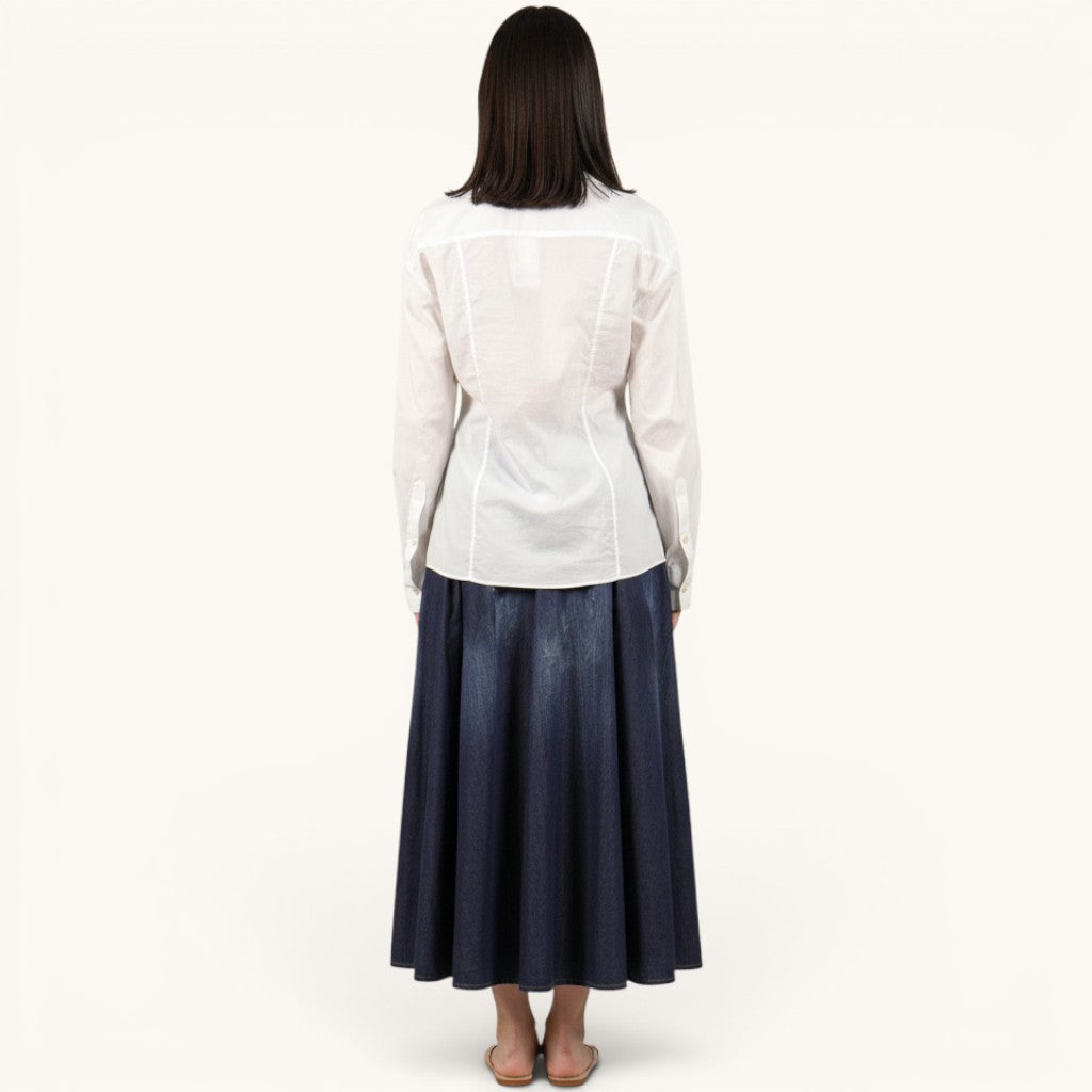 Numero 5 white 100% cotton long-sleeve button-up shirt with round neck detail.