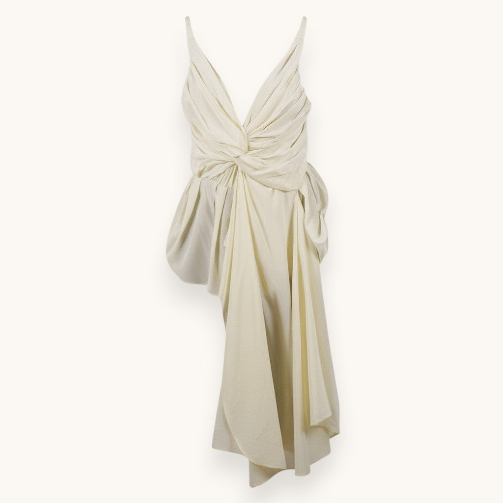 Numero 5 white silk draped asymmetrical midi dress with knot detail and plunging neckline.