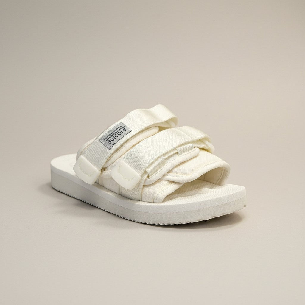 Numero 5 white Suicoke sandals with adjustable velcro straps and textured footbed.