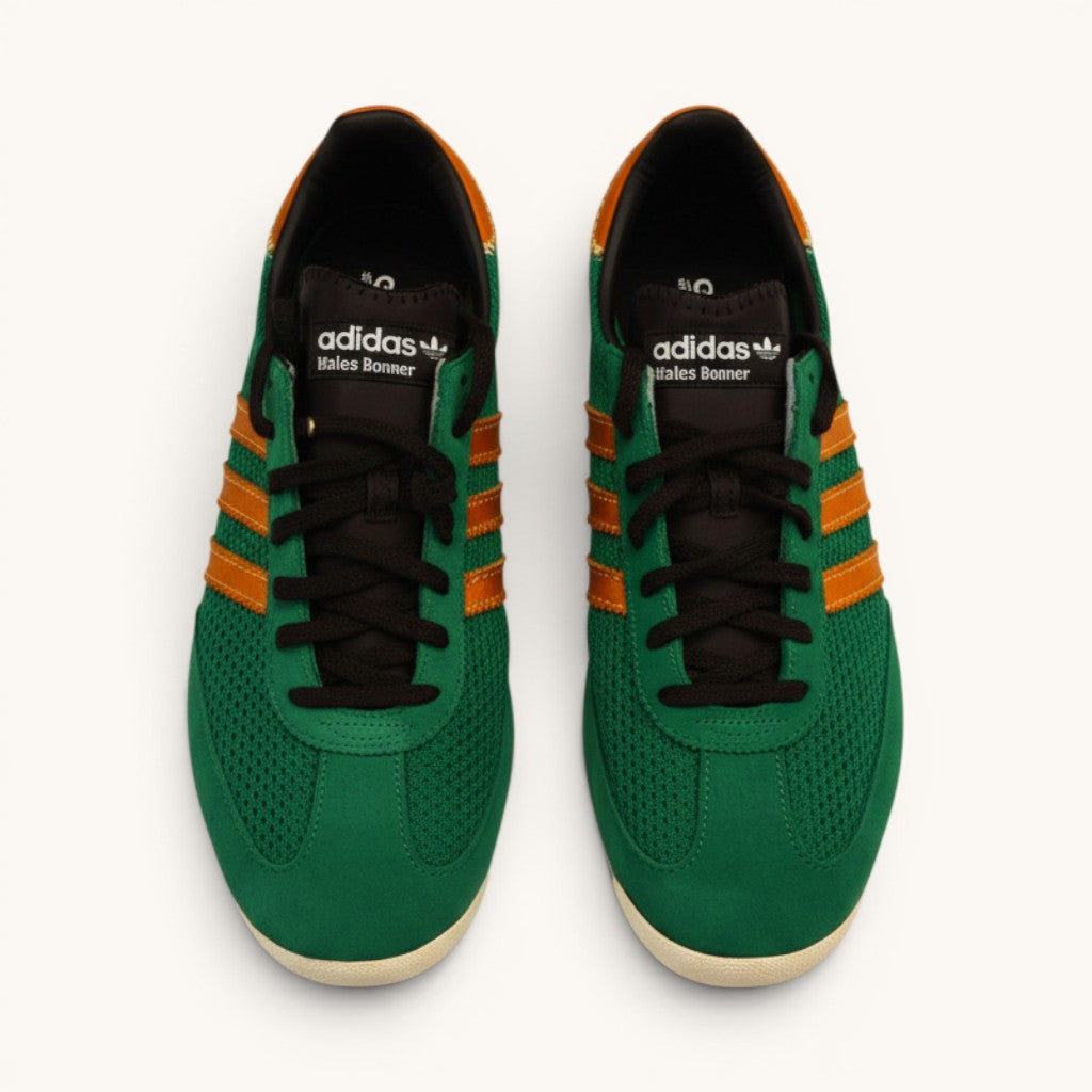 Numero 5 Adidas Wales Bonner green and orange suede and mesh sneakers with black laces.