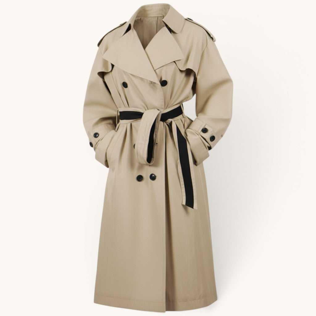 Numero 5 women's beige and black cotton-blend trench coat with double-breasted closure and belt.