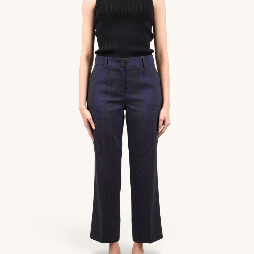 Numero 5 women's blue linen blend straight fit trousers with contrast stitching and zip detail at hem.