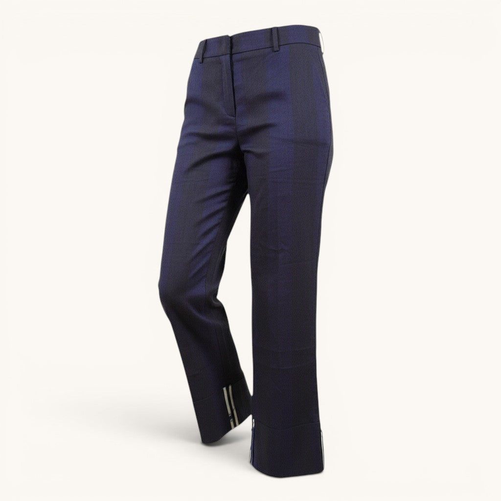 Numero 5 women's blue straight-leg trousers with contrast stitching and a subtle sheen, made from a linen blend.
