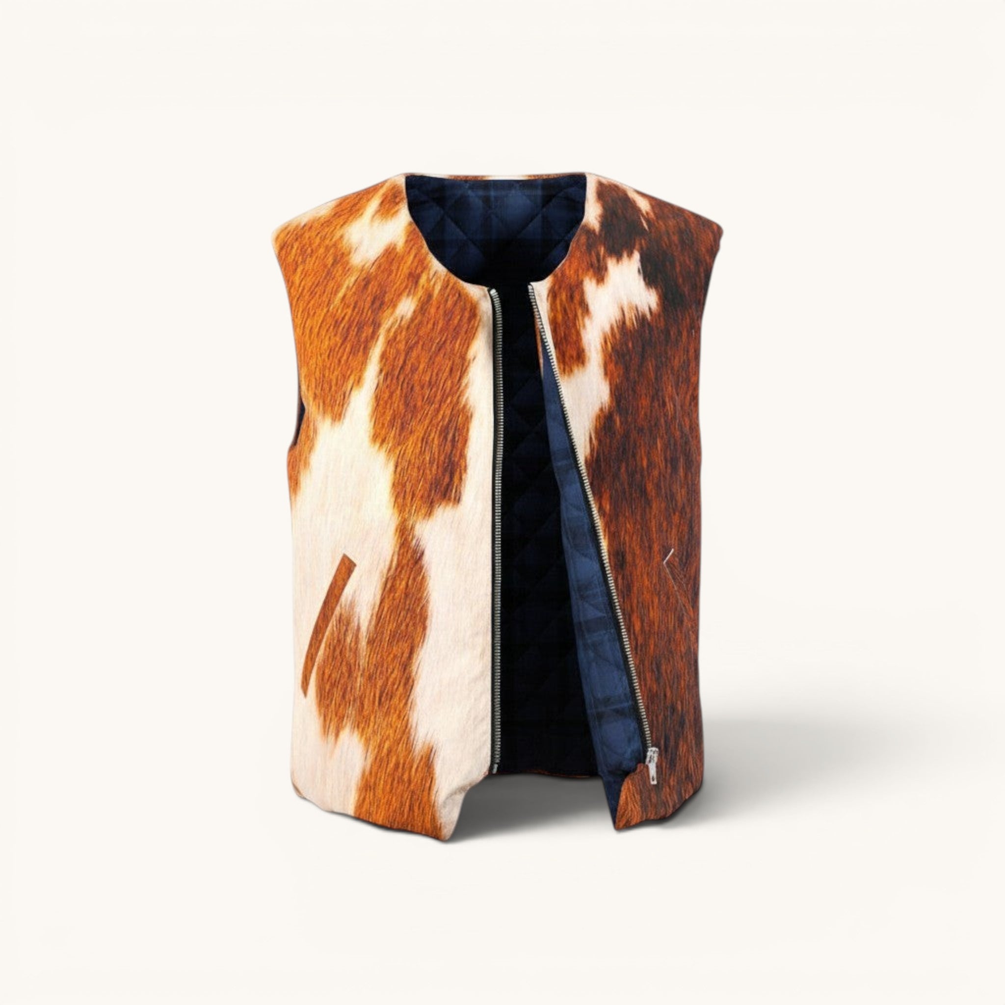 Numero 5 men's brown and blue cow print nylon gilet with zip closure and pocket detail.