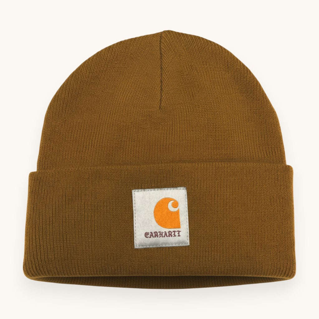 Numero 5 brown acrylic beanie with Carhartt logo patch. Streetwear design, one size fits all, for winter wear.