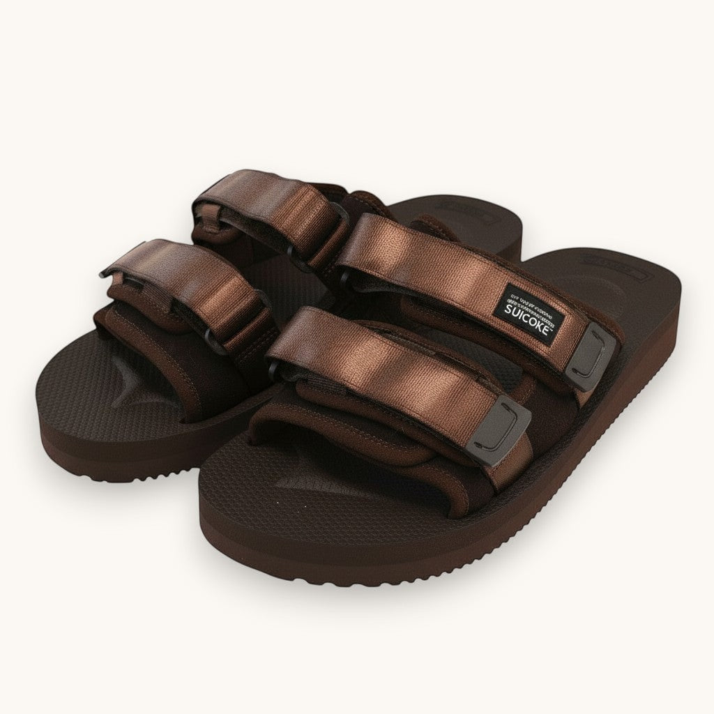 Numero 5 brown Suicoke sandals with adjustable straps and cushioned sole. Casual slip-on style.