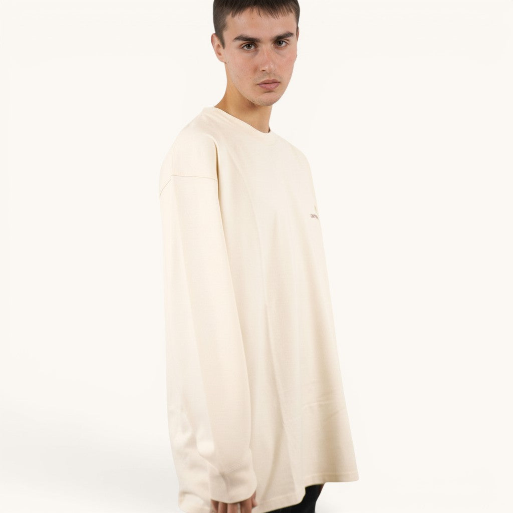 Numero 5 men's cream long sleeve 100% cotton t-shirt with minimal design and regular fit.