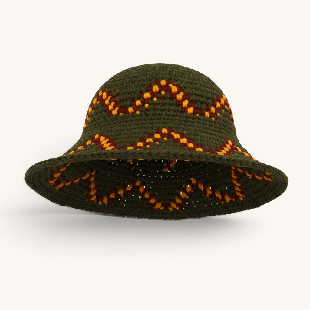 Numero 5 green crochet beanie with orange and maroon zigzag pattern. Streetwear style.