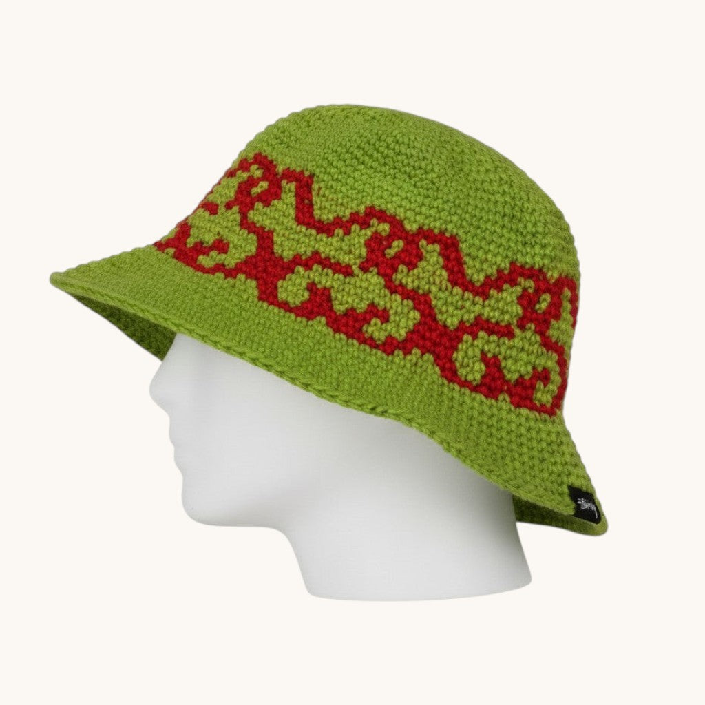 Numero 5 green cotton crochet bucket hat with red abstract pattern, one size fits all.