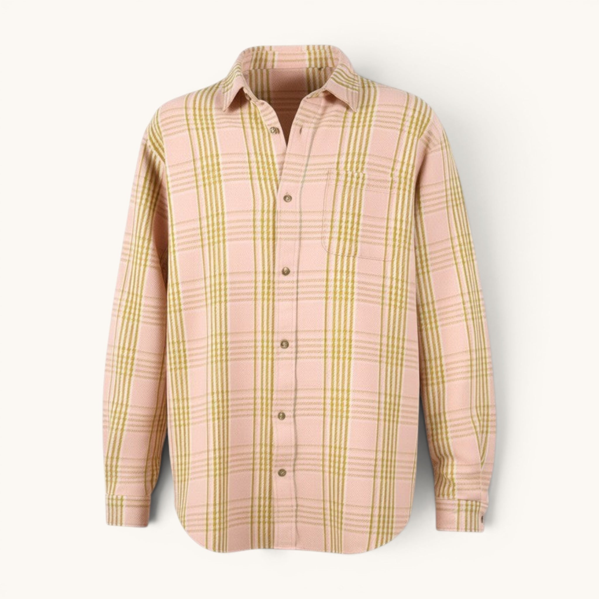 Numero 5 men's pink plaid flannel shirt with a chest pocket and button-up closure.