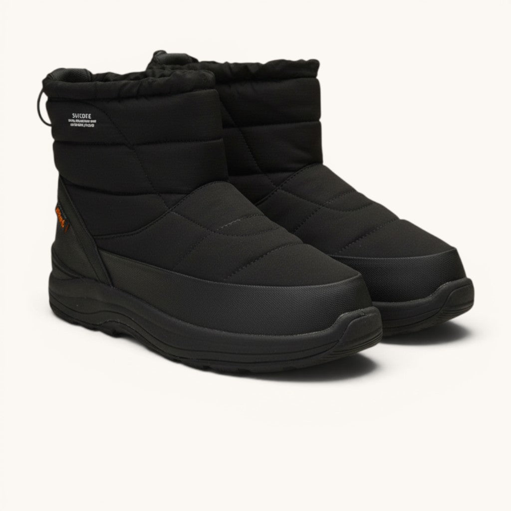 Numero 5 Suicoke black quilted waterproof winter boots with drawstring closure and rubber sole.
