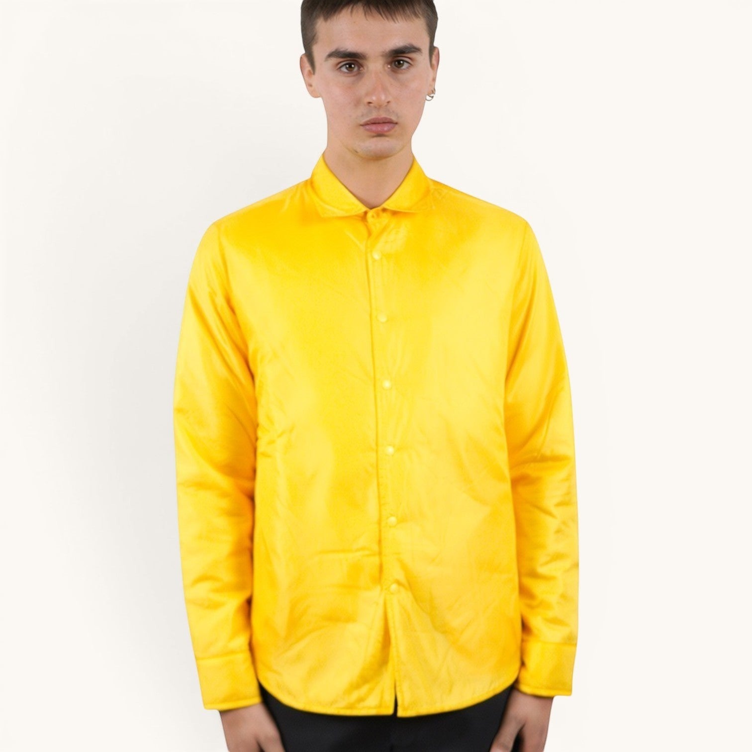 Numero 5: Aspesi bright yellow padded polyamide shirt with a classic collar and button-up front.