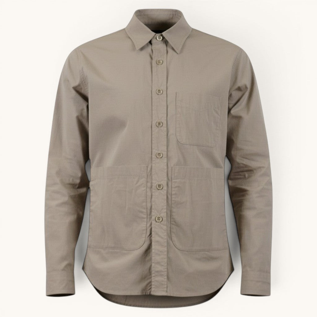 Numero 5 beige cotton blend shirt with three pockets and button closure.