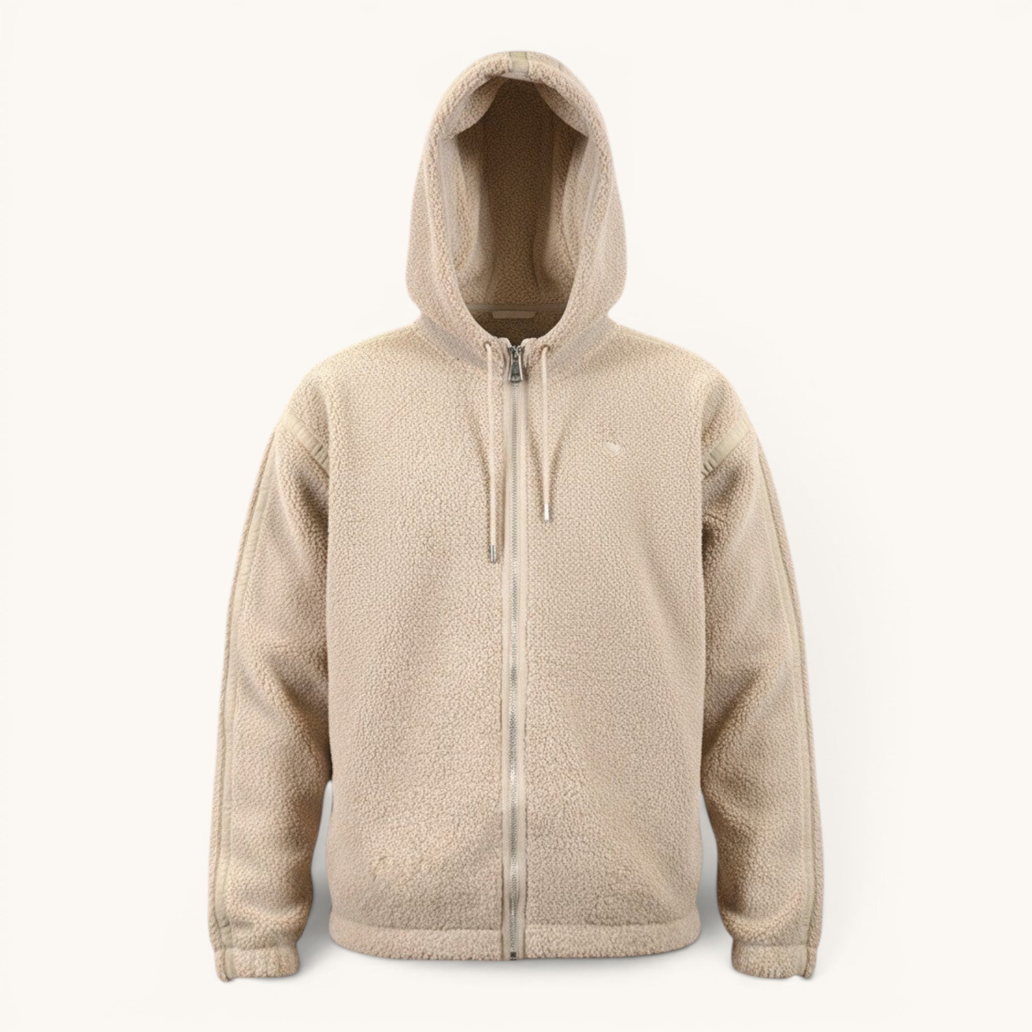 Numero 5 men's beige fleece jacket with zip closure and hood, made of 100% polyester.