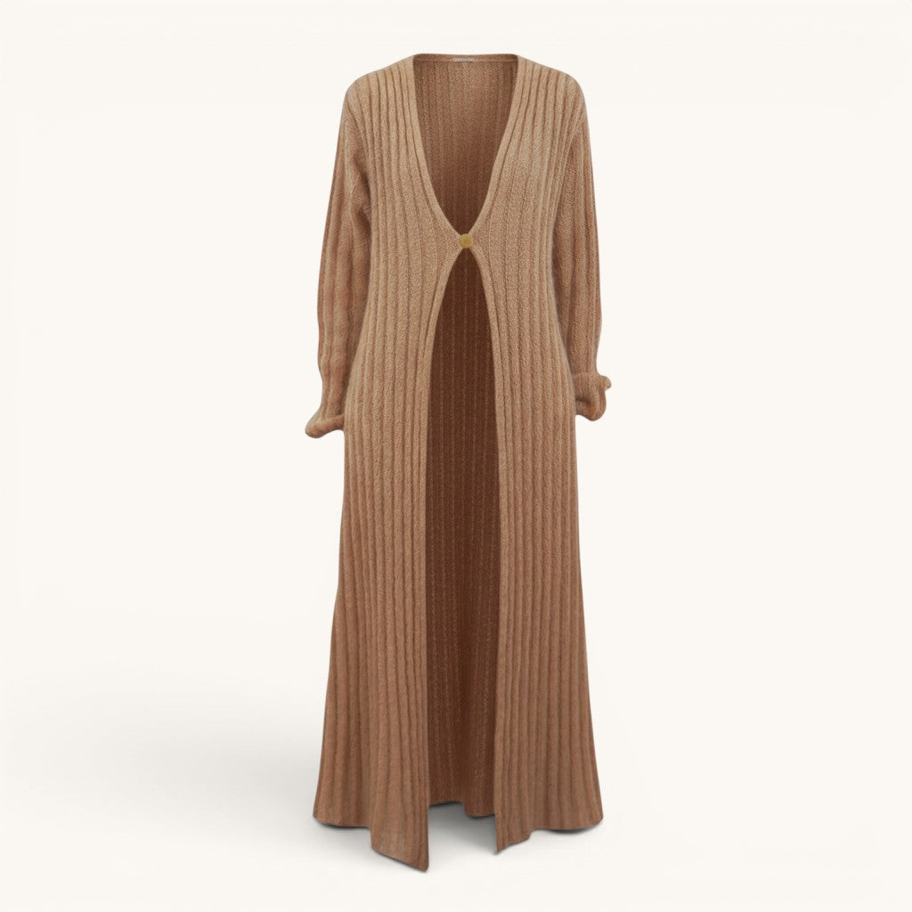 Numero 5 women's long beige ribbed mohair blend cardigan with a single button closure and flared cuffs.