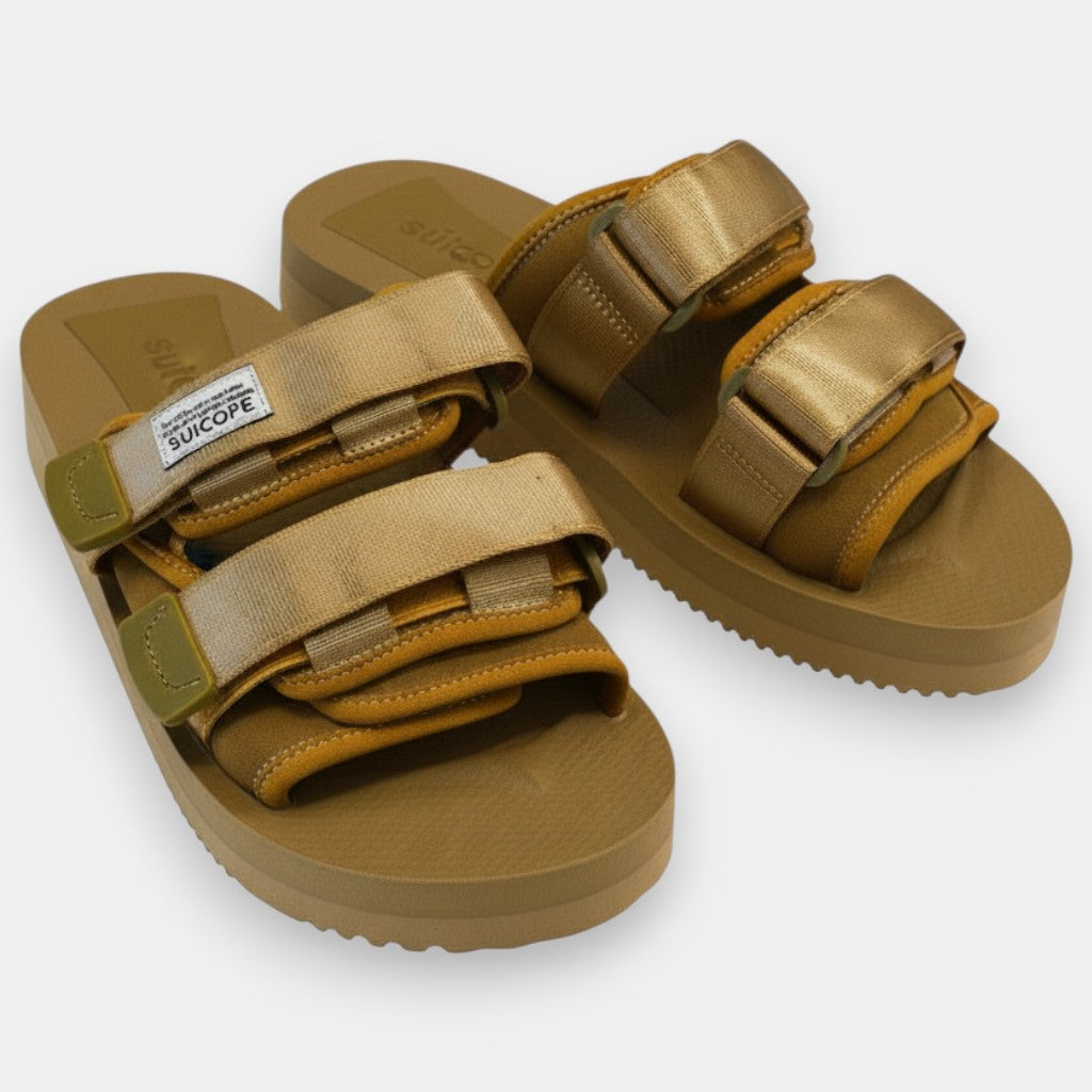 Numero 5 beige Suicoke sandals with adjustable velcro straps and cushioned sole.